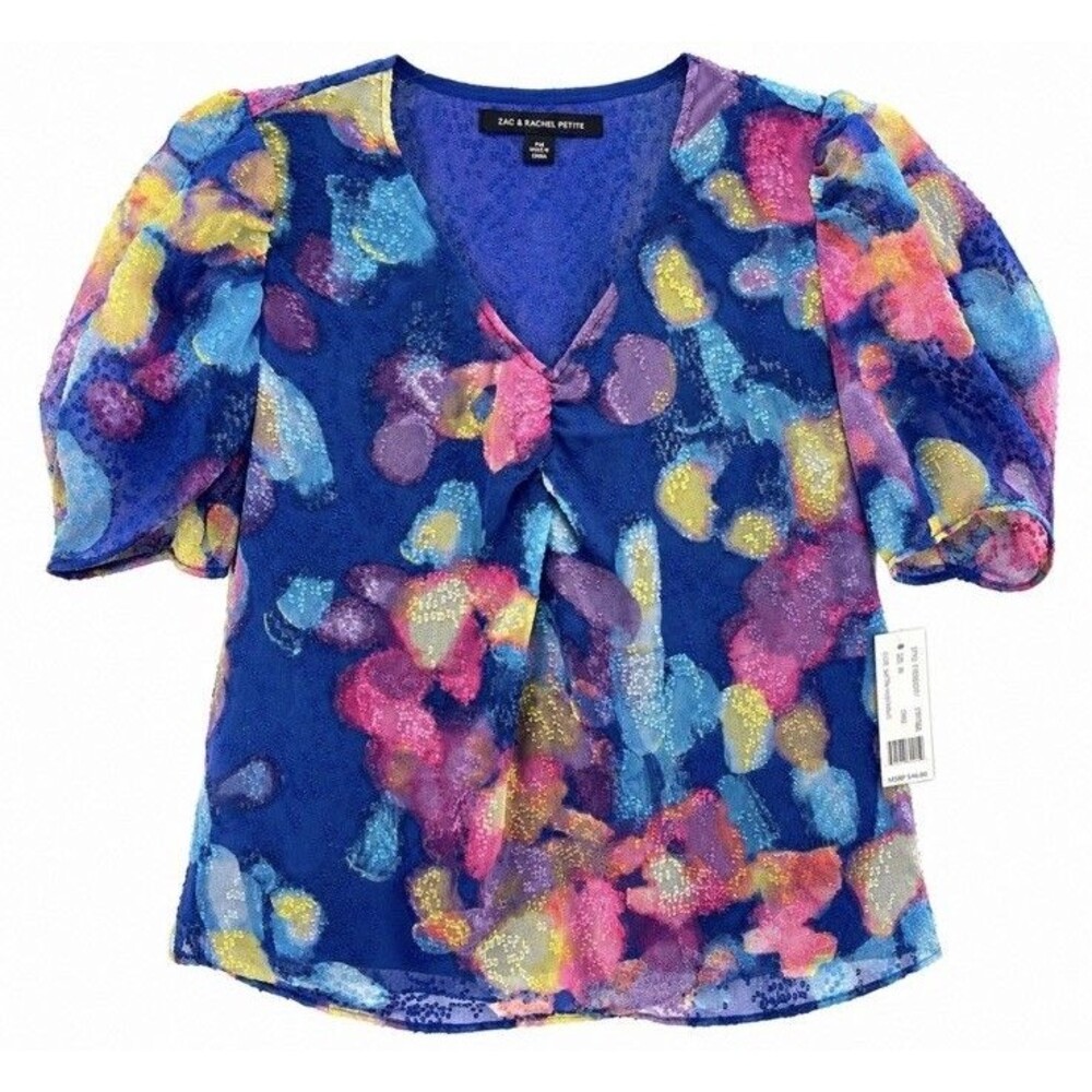 NWT Zac & Rachel Medium Petite Blue Watercolor Sheer Puff Sleeve Artsy Blouse